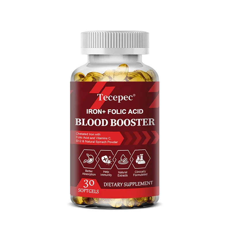 Iron + Folic Acid Blood Booster - Chelated Iron & Folic Acid, Vitamin C, B12 and Natural Spinach Powder for Better Absorption