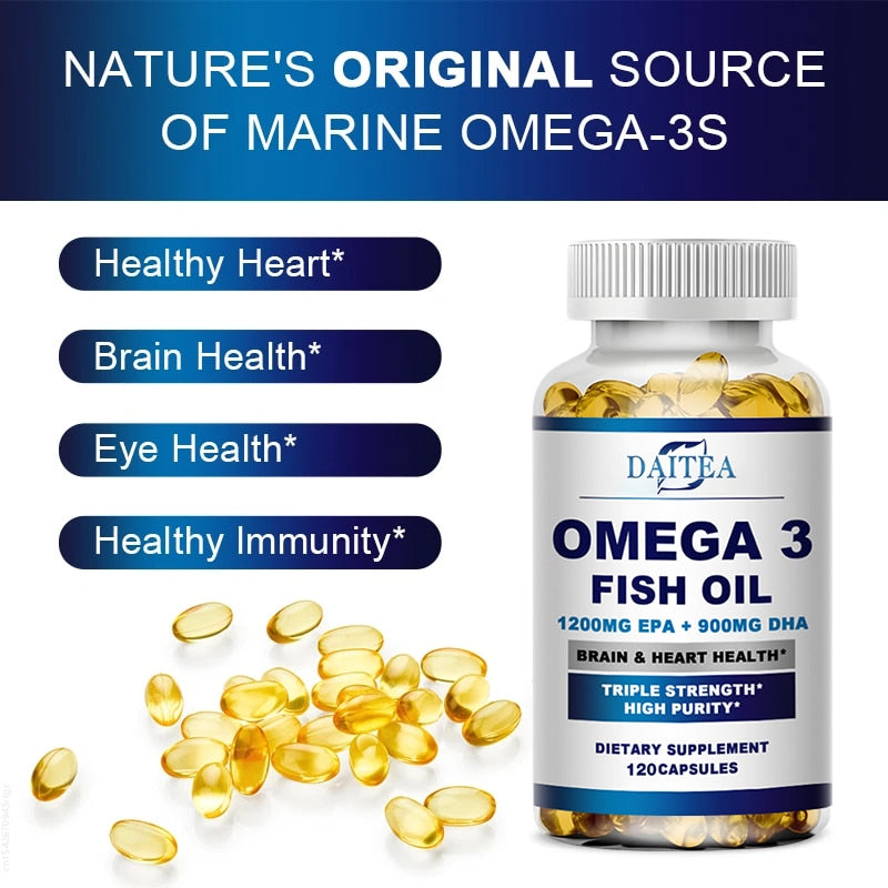 Daitea Omega 3 Fish Oil Capsules Supplement Rich In DHA EPA For Anti-aging Skin Eyes Heart Brain Health Support Immune System