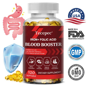 Iron + Folic Acid Blood Booster - Chelated Iron & Folic Acid, Vitamin C, B12 and Natural Spinach Powder for Better Absorption