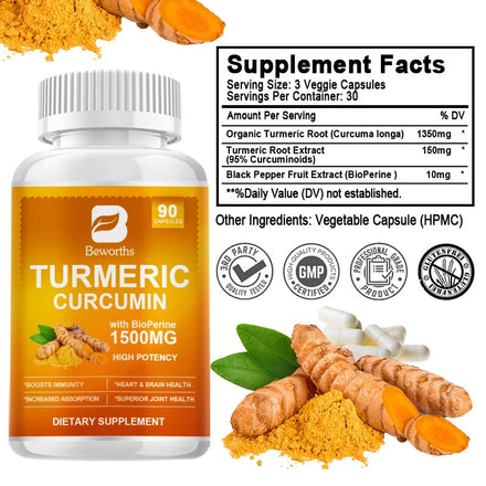 BEWORTHS 90 Pills Organic Turmeric Curcumin Supplement with Black Pepper High Potency Supports Joint,Antioxidant & Immune System