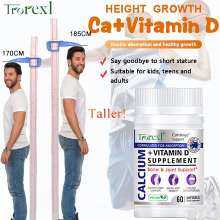 Trorexl Height Growth Pills Calcium Supplement Vitamin D3 Vegetarian Softgels Help Grow Taller,Immune & Bone Health Healing