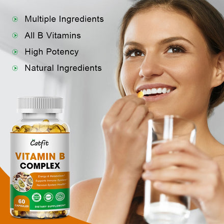 Catfit Compound Vitamin B Capsules B1 B2 B3 B5 B6 B7 B9 B12 Better Mood Assists Nervous System Health &Energy Support Supplement