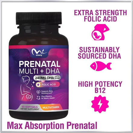 Female prenatal multivitamin containing folic acid, Omega 3, vitamin D3, B6, B12, and iron DHA, non GMO-60 soft capsules