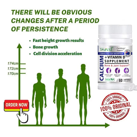 Trorexl Height Growth Pills Calcium Supplement Vitamin D3 Vegetarian Softgels Help Grow Taller,Immune & Bone Health Healing
