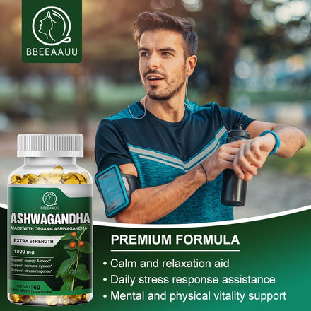 BBEEAAUU Organic Health Food 1800mg Ayurvedic Ashwagandha Capsule Help Sleep Reduce Anxiety Enhances Immunity Energy Supplement