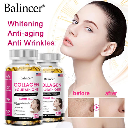 Glutathione + Collagen Supplement - Vitamin C Antioxidant - Whitening Skin, Hair, Nails, Joints, Liver Cleansing Support in Pakistan