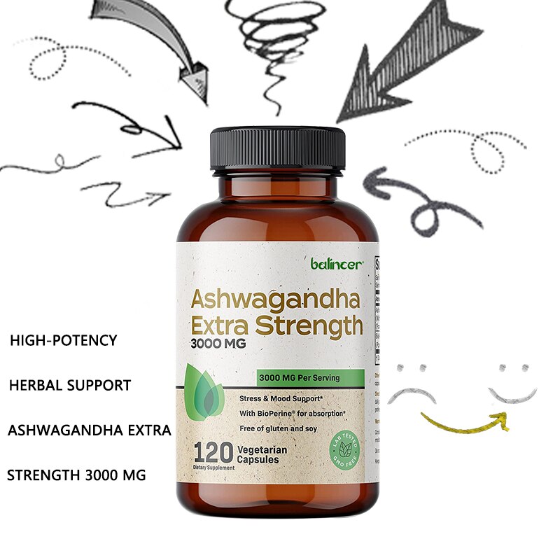 Balincer Ashwagandha 3000mg - Fast High Absorption Powerful Natural Stress Relief Supplement - Mood Adrenal Cortisol Support