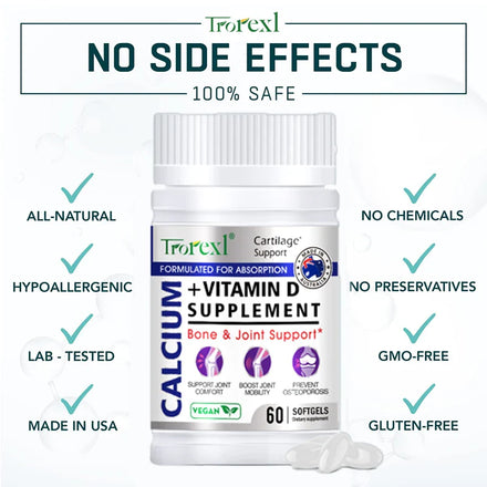 Trorexl Height Growth Pills Calcium Supplement Vitamin D3 Vegetarian Softgels Help Grow Taller,Immune & Bone Health Healing
