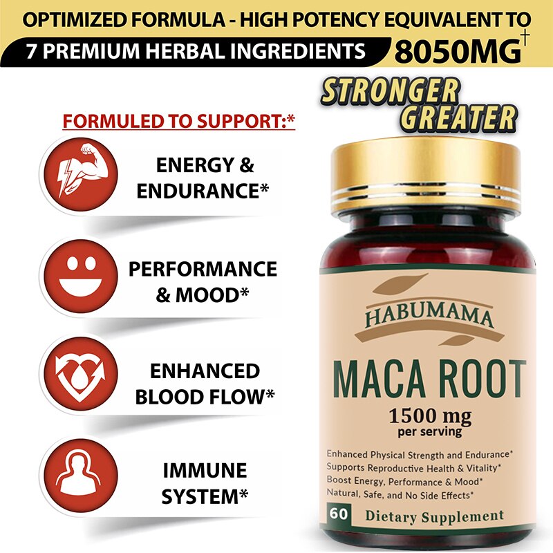 Organic Maca Root Enlargement Stamina Capsules 1500mg with Black, Red, Yellow Peruvian Maca Extract Supplement for Men and Women