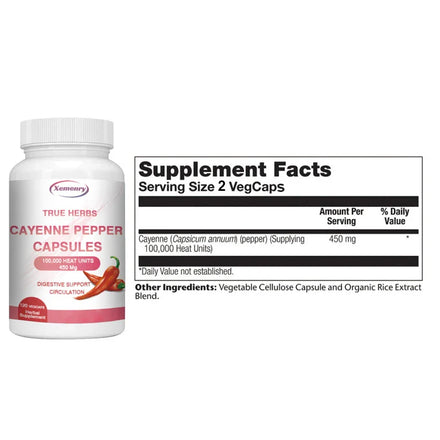 Cayenne Pepper Capsules 750mg - Supports Cardiovascular Health, Promotes Blood Circulation, and Digestive Health