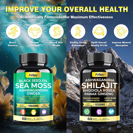 SHILAJIT + SEA MOSS Capsules, Strength, Energy, Muscle, Endurance, Anti-Fatigue, Overall Health Supplement