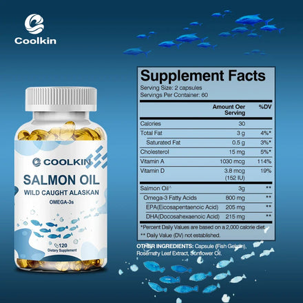 Salmon Oil Supplement - Contains Omega-3, EPA, DHA and Vitamin D for Brain and Heart Health