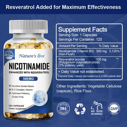 NATURE'S LIVE Nicotinamide Resveratrol 500MG, Anti-aging NAD Supplement 120/240/480 Capsules