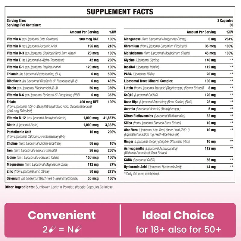 Female liposome complex vitamin - containing iron, vitamin A, C, D, E, and B complexes, immune health, hair, and skin