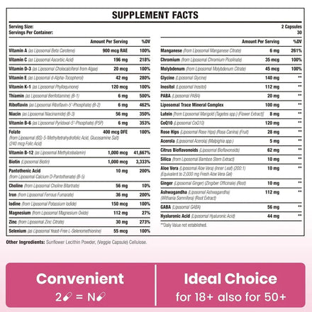Female liposome complex vitamin - containing iron, vitamin A, C, D, E, and B complexes, immune health, hair, and skin