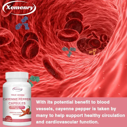Cayenne Pepper Capsules 750mg - Supports Cardiovascular Health, Promotes Blood Circulation, and Digestive Health