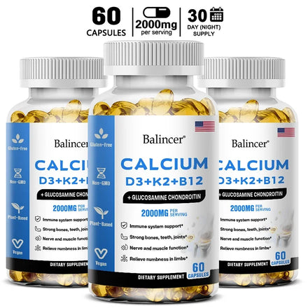 Balincer Vitamin D3+K2+B12 2000mg Capsules for Bone, Immune and Calcium Support, 120 Capsules Non-GMO