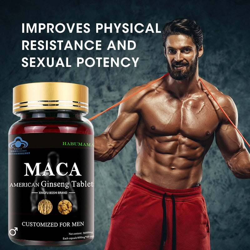 Peruvian Maca Root American Ginseng Supplement - Helps Boost Energy, Erection, Supports Stamina, Male Performance, Enlargement