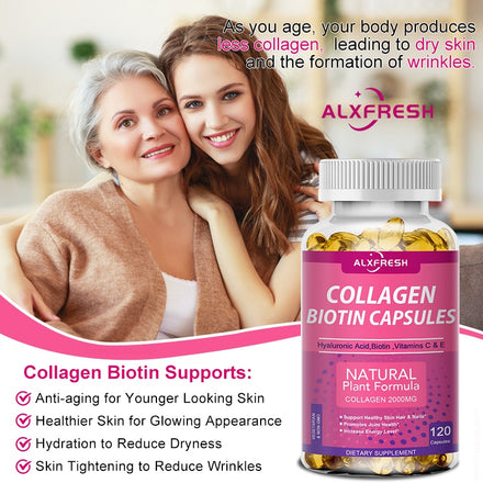 Alxfresh 3X Collagen Biotin Supplement Protein Support Anti Aging Strong Nails Shiny Hair Glowing Smooth Skin Vegan Capsules