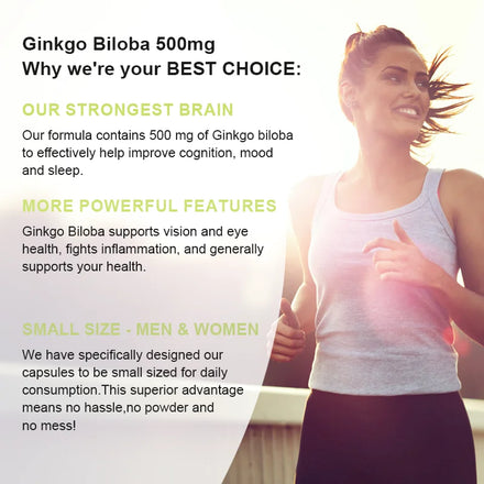 Ginkgo Biloba Extract Capsules for Brain Cognitive Memory, Relieve Anxiety Depression, Mood Balance Supplement Premium Non-GMO