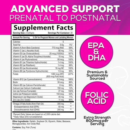 Female prenatal multivitamin containing folic acid, Omega 3, vitamin D3, B6, B12, and iron DHA, non GMO-60 soft capsules