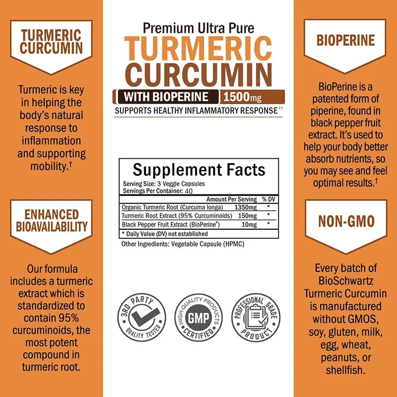 Curcumin with BioPerine 1500mg | Turmeric Capsules with Black Pepper, Joint Health Dietary Supplement Vegetarian