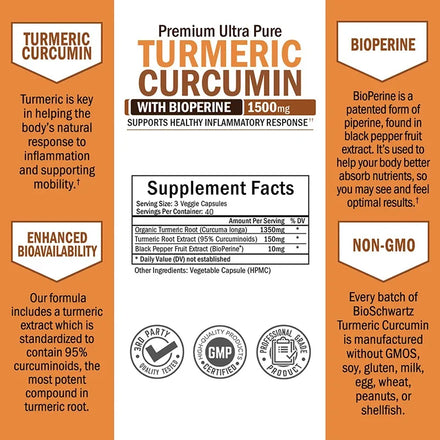 Curcumin with BioPerine 1500mg | Turmeric Capsules with Black Pepper, Joint Health Dietary Supplement Vegetarian