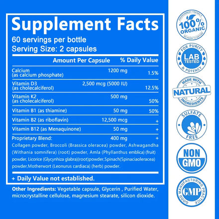 Balincer Vitamin D3+K2+B12 2000mg Capsules for Bone, Immune and Calcium Support, 120 Capsules Non-GMO