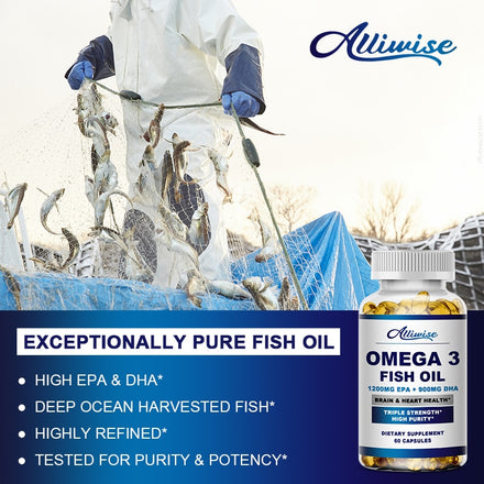 Alliwise Omega 3 Fish Oil Capsules Supplement Rich In DHA EPA For Anti-aging Skin Eyes Heart Brain Health Support Immune System