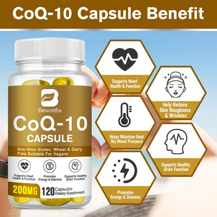 BEWORTHS 120pcs Free Shipping CoQ-10 Capsule 200Mg Vegetarian for Energy Support Heart Healthy Protective Antioxidant Supplement