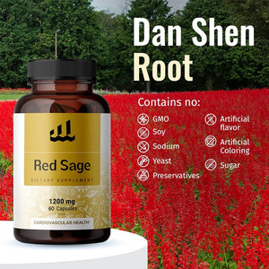 Red Sage Capsules - Organic Dan Shen Root Powder Supplement - Salvia Miltiorrhiza Pills -1200 milligrams, 60 vegetarian capsules