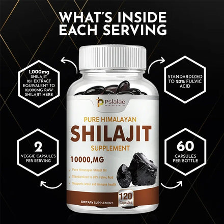 Pure Himalayan Shilajit Resin Capsules Formulated with 20% Fulvic Acid - 10:1 Extract 10,000mg Extra Strength