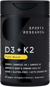 Sports Research Vitamin D3 K2 with Coconut Oil | Plant Based Vitamin K2 MK7 + Vegan D3 5000iu | Vegan Certified, Soy & Gluten Free - 60 Count Softgels in Pakistan