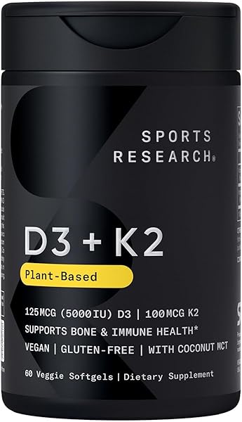 Sports Research Vitamin D3 K2 with Coconut Oil | Plant Based Vitamin K2 MK7 + Vegan D3 5000iu | Vegan Certified, Soy & Gluten Free - 60 Count Softgels in Pakistan in Pakistan