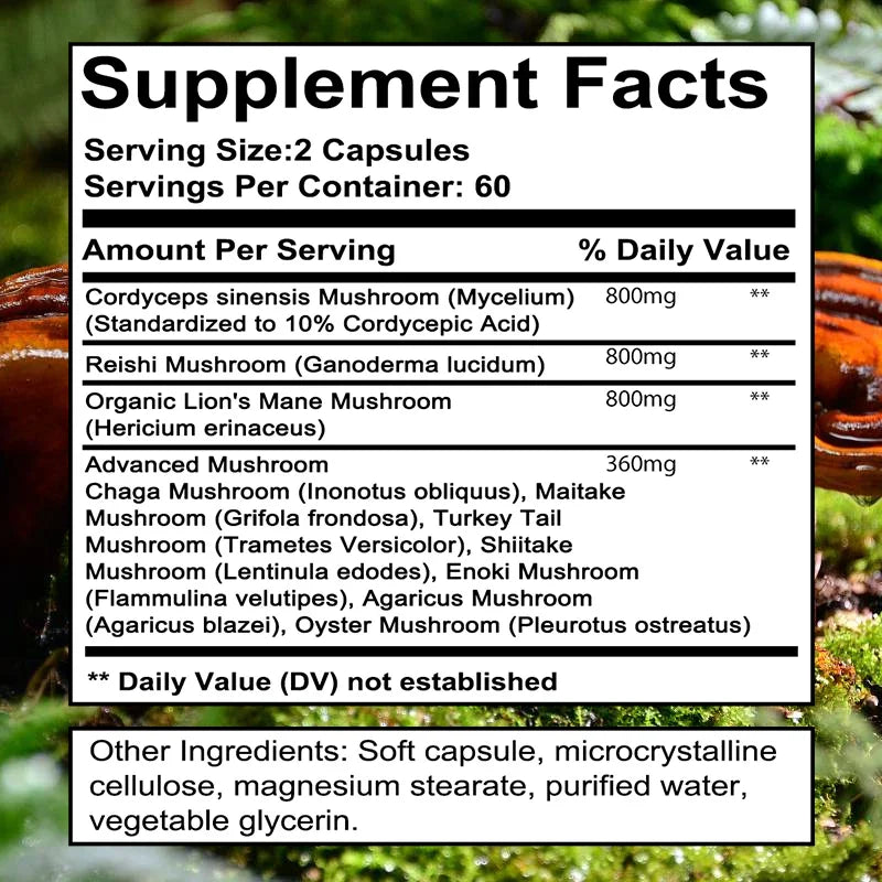 Strength Brazil Mushroom Capsules -Lions Mane Cordyceps Reishi - Brain Supplement for Memory and Focus Relief Stress Better Mood