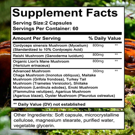 Strength Brazil Mushroom Capsules -Lions Mane Cordyceps Reishi - Brain Supplement for Memory and Focus Relief Stress Better Mood