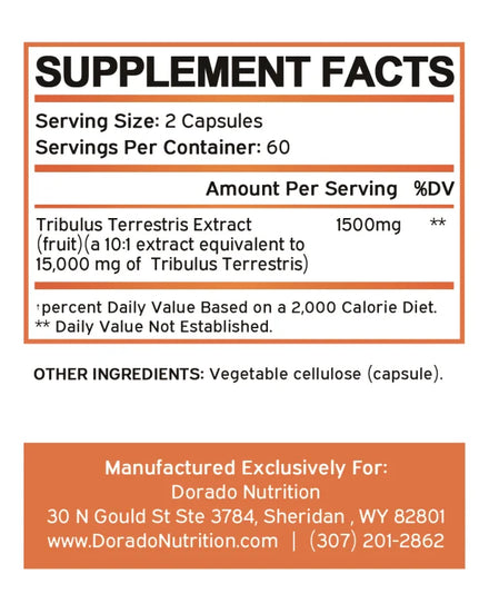 Tribulus Terrestris - 10X Concentrated Extract Equivalent - Athletic Performance - Gluten Free & Non-GMO Unisex