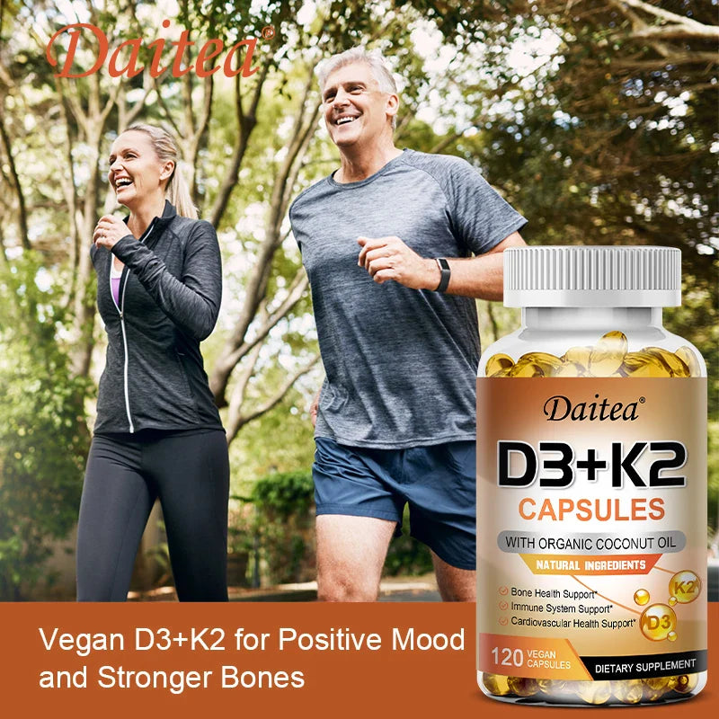 Vegan 2-in-1 Vitamin D3 5000 IU+K2 200mcg MK-7 Capsules Organic Coconut Oil Natural Ingredient Calcium Regulation Immunity