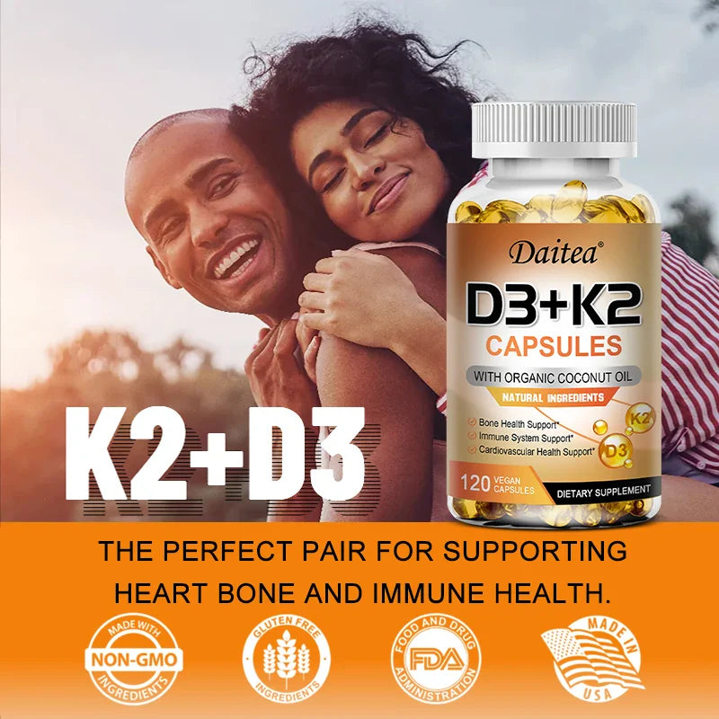 Vegan 2-in-1 Vitamin D3 5000 IU+K2 200mcg MK-7 Capsules Organic Coconut Oil Natural Ingredient Calcium Regulation Immunity