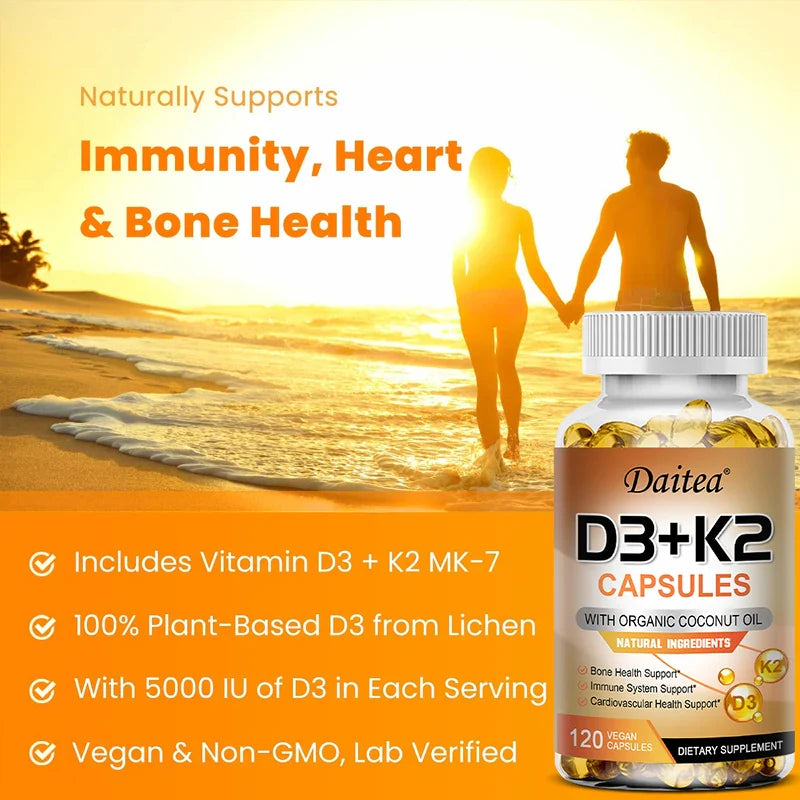 Vegan 2-in-1 Vitamin D3 5000 IU+K2 200mcg MK-7 Capsules Organic Coconut Oil Natural Ingredient Calcium Regulation Immunity