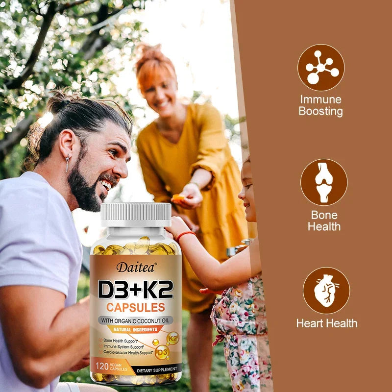 Vegan 2-in-1 Vitamin D3 5000 IU+K2 200mcg MK-7 Capsules Organic Coconut Oil Natural Ingredient Calcium Regulation Immunity