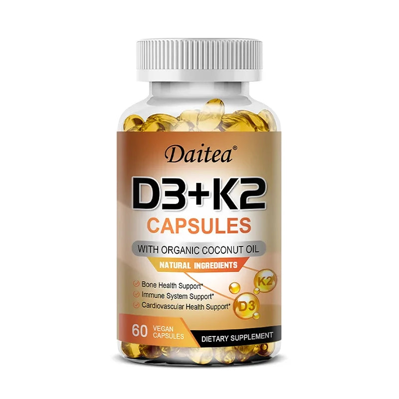 Vegan 2-in-1 Vitamin D3 5000 IU+K2 200mcg MK-7 Capsules Organic Coconut Oil Natural Ingredient Calcium Regulation Immunity