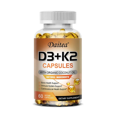 Vegan 2-in-1 Vitamin D3 5000 IU+K2 200mcg MK-7 Capsules Organic Coconut Oil Natural Ingredient Calcium Regulation Immunity