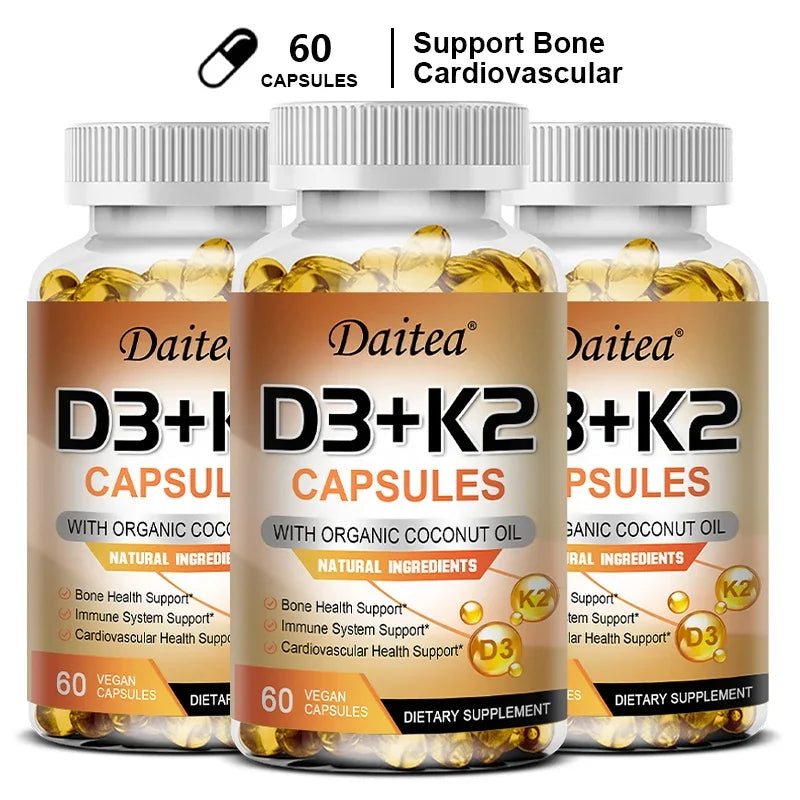 Vegan 2-in-1 Vitamin D3 5000 IU+K2 200mcg MK-7 Capsules Organic Coconut Oil Natural Ingredient Calcium Regulation Immunity