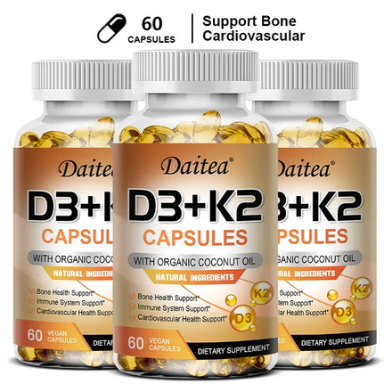 Vegan 2-in-1 Vitamin D3 5000 IU+K2 200mcg MK-7 Capsules Organic Coconut Oil Natural Ingredient Calcium Regulation Immunity