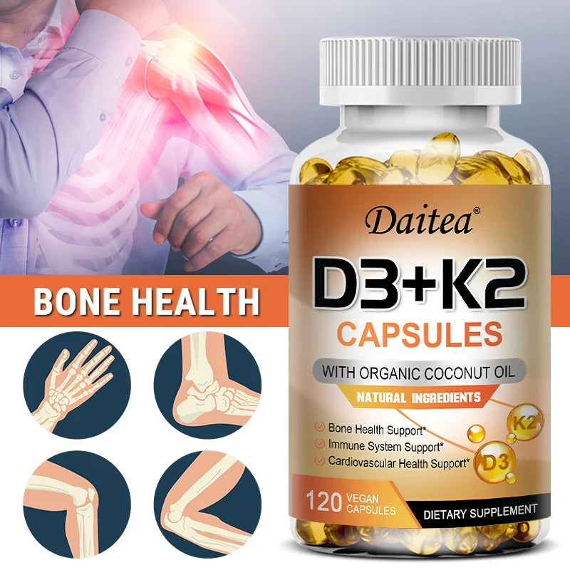 Vegan 2-in-1 Vitamin D3 5000 IU+K2 200mcg MK-7 Capsules Organic Coconut Oil Natural Ingredient Calcium Regulation Immunity