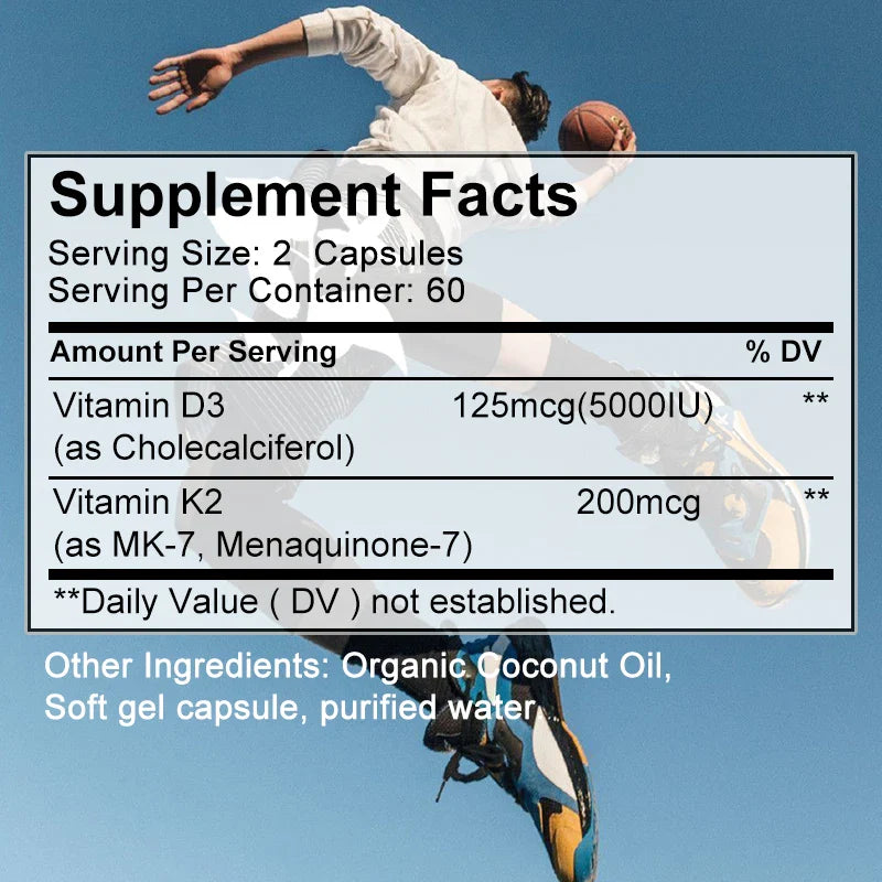 Vegan 2-in-1 Vitamin D3 5000 IU+K2 200mcg MK-7 Capsules Organic Coconut Oil Natural Ingredient Calcium Regulation Immunity