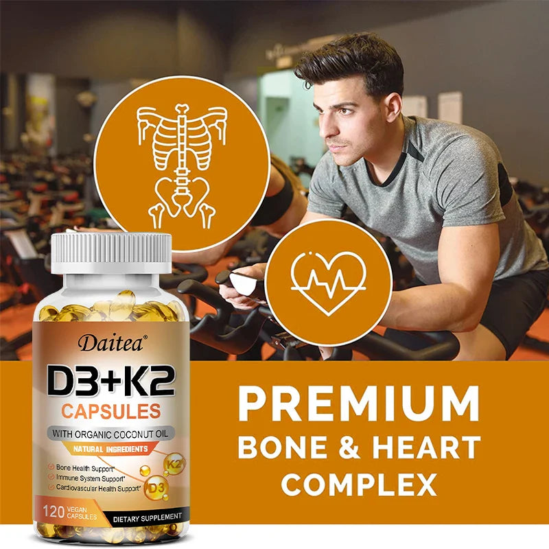 Vegan 2-in-1 Vitamin D3 5000 IU+K2 200mcg MK-7 Capsules Organic Coconut Oil Natural Ingredient Calcium Regulation Immunity