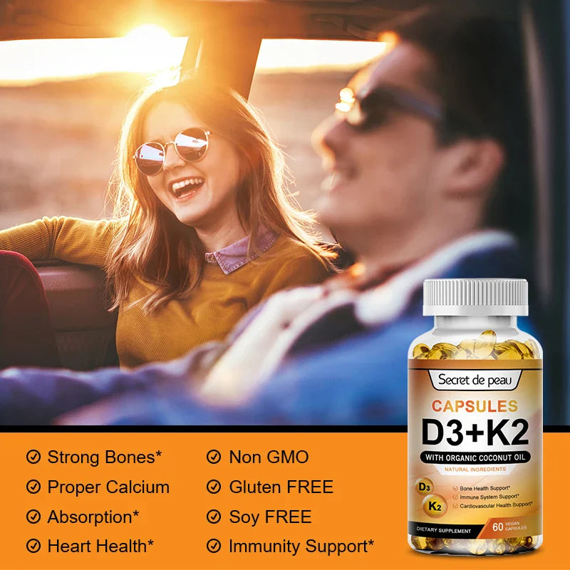 Vegetarian Vitamin D3K2 Capsules Vitamin D&Vitamin K Supplement Support Immune System,Heart Health Strong Bones Help Sleep Relax