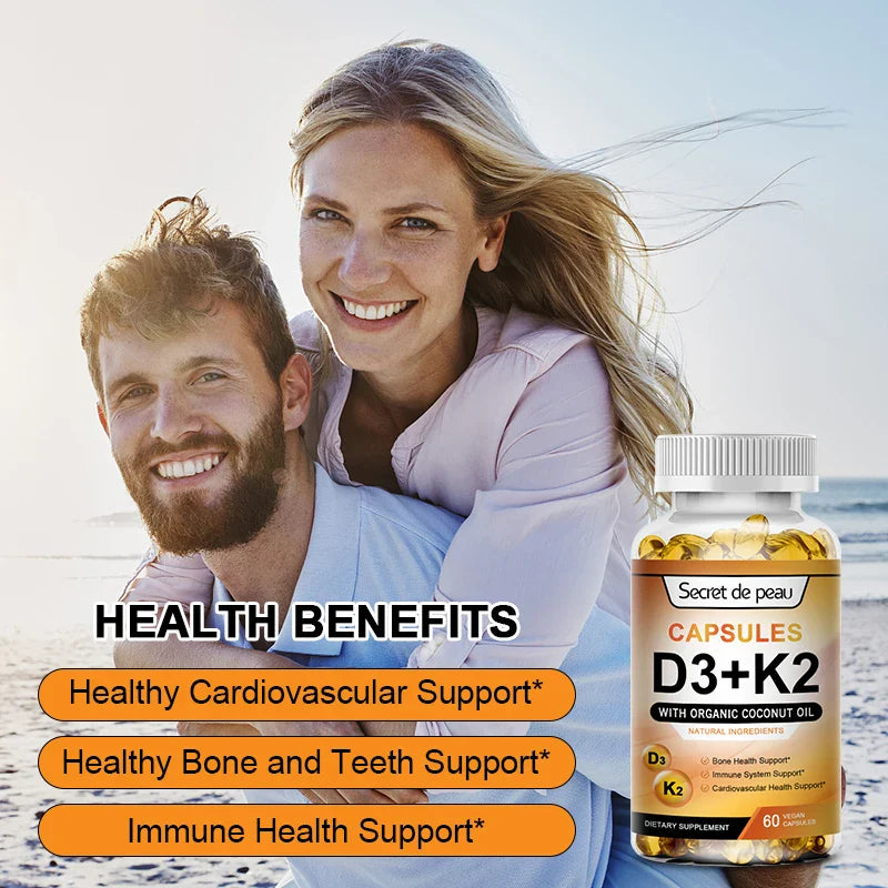 Vegetarian Vitamin D3K2 Capsules Vitamin D&Vitamin K Supplement Support Immune System,Heart Health Strong Bones Help Sleep Relax